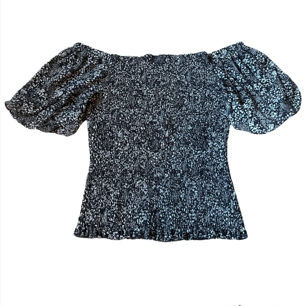 Anthropologie smocked top balloon sleeve scoop neck black print Aurelia XS
